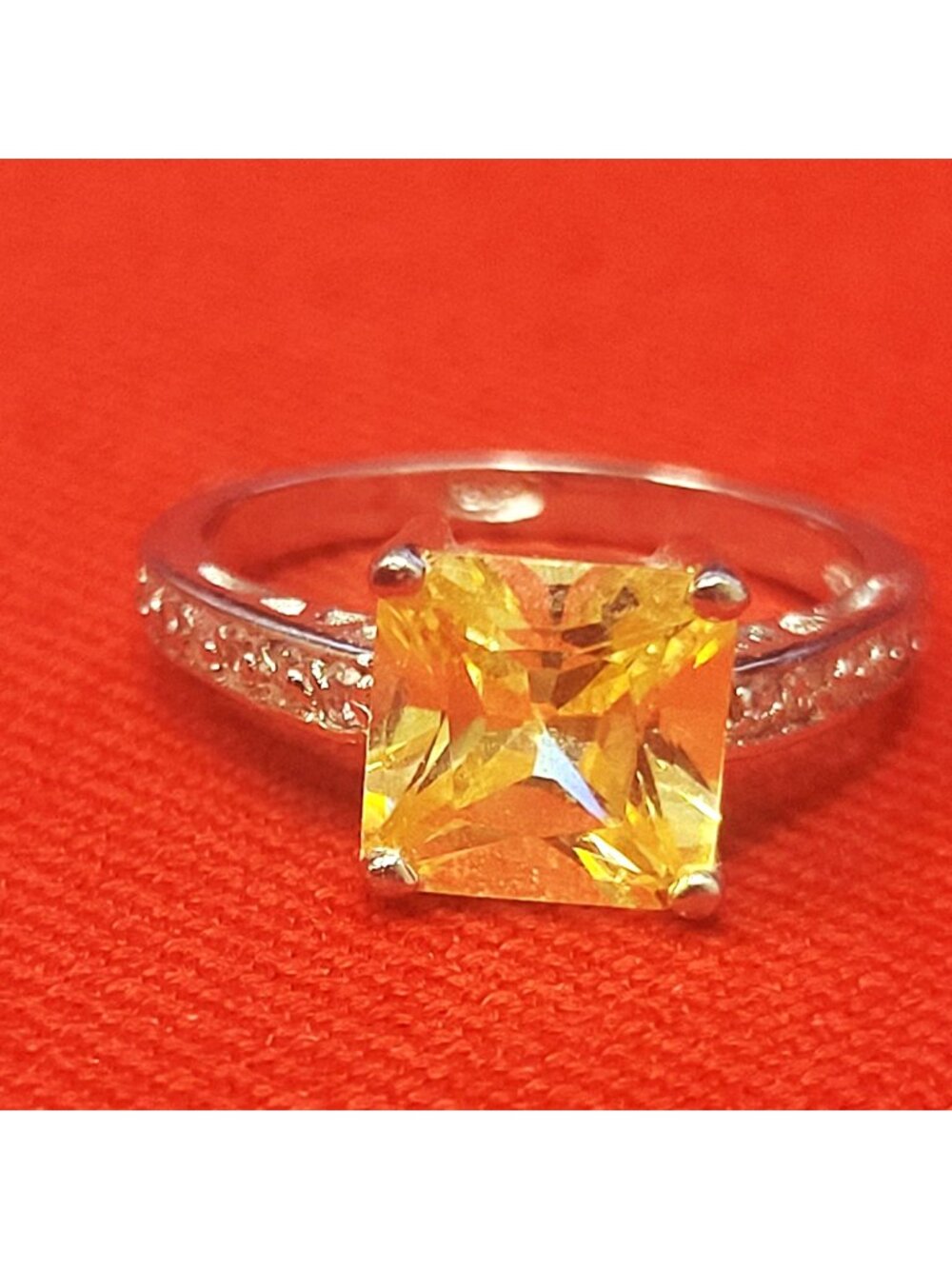 Sterling Silver 925 Channel Set Clear Square Cut Citrine Yellow Ring